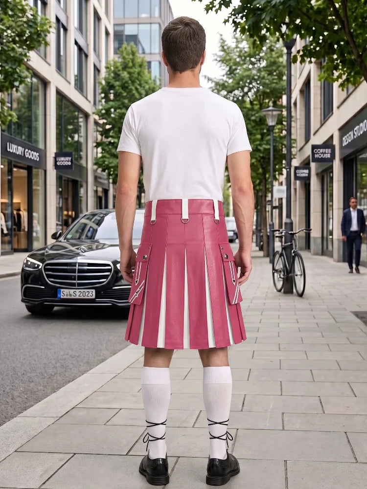 A man viewed from behind wearing a pink pleated leather kilt with white vertical stripe details, a white t-shirt, white knee-high socks, and black shoes, standing on a city sidewalk.
