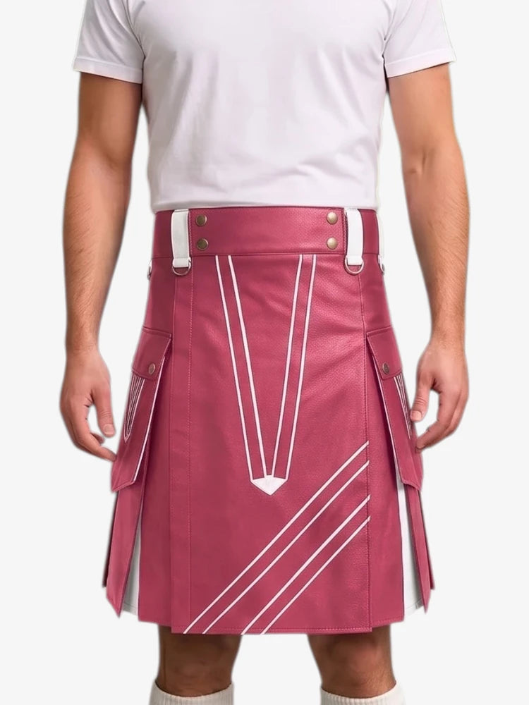 A man wearing a pink faux-leather kilt with white geometric stripe patterns, a white t-shirt, and white socks, shown from the chest down against a light gray background.