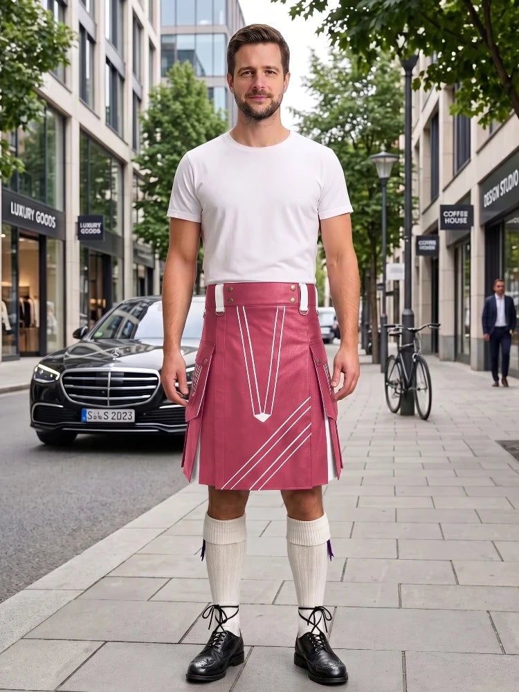 A man standing on a city sidewalk wearing a white t-shirt, a pink kilt with white geometric patterns, white knee-high socks, and black leather shoes. A black Mercedes-Benz car and a bicycle are visible in the background of the street scene.