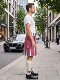 A man stands on a city sidewalk wearing a white short-sleeve T-shirt and a pink kilt with white vertical stripes and multiple front pockets. He is also wearing cream knee-high socks and black leather shoes.