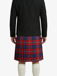 Person wearing a black jacket and red plaid kilt on a white background