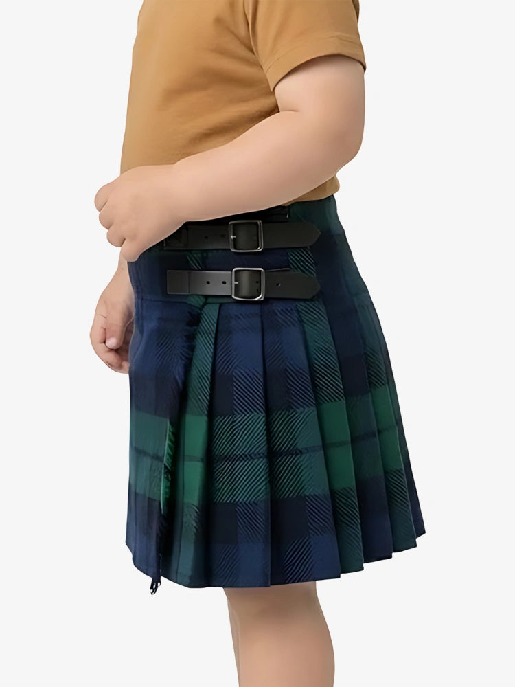 Person wearing a blue and green plaid skirt with a belt on a white background