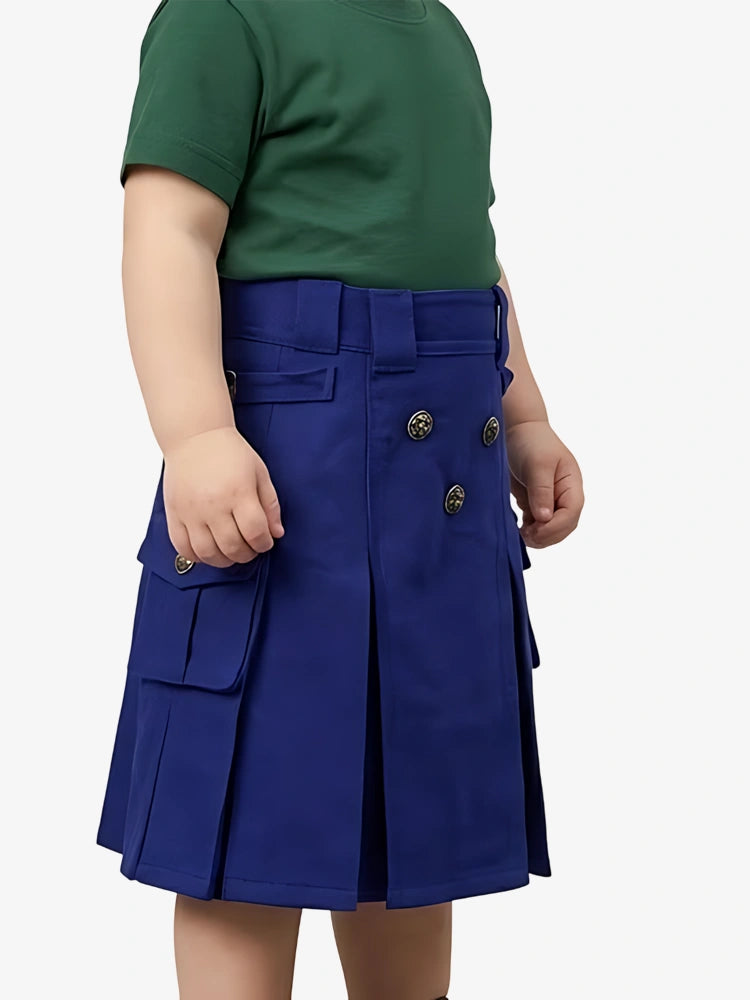 Person wearing a green shirt and blue skirt with buttons on a white background