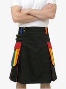 Black kilt with rainbow accents worn by a person on a white background