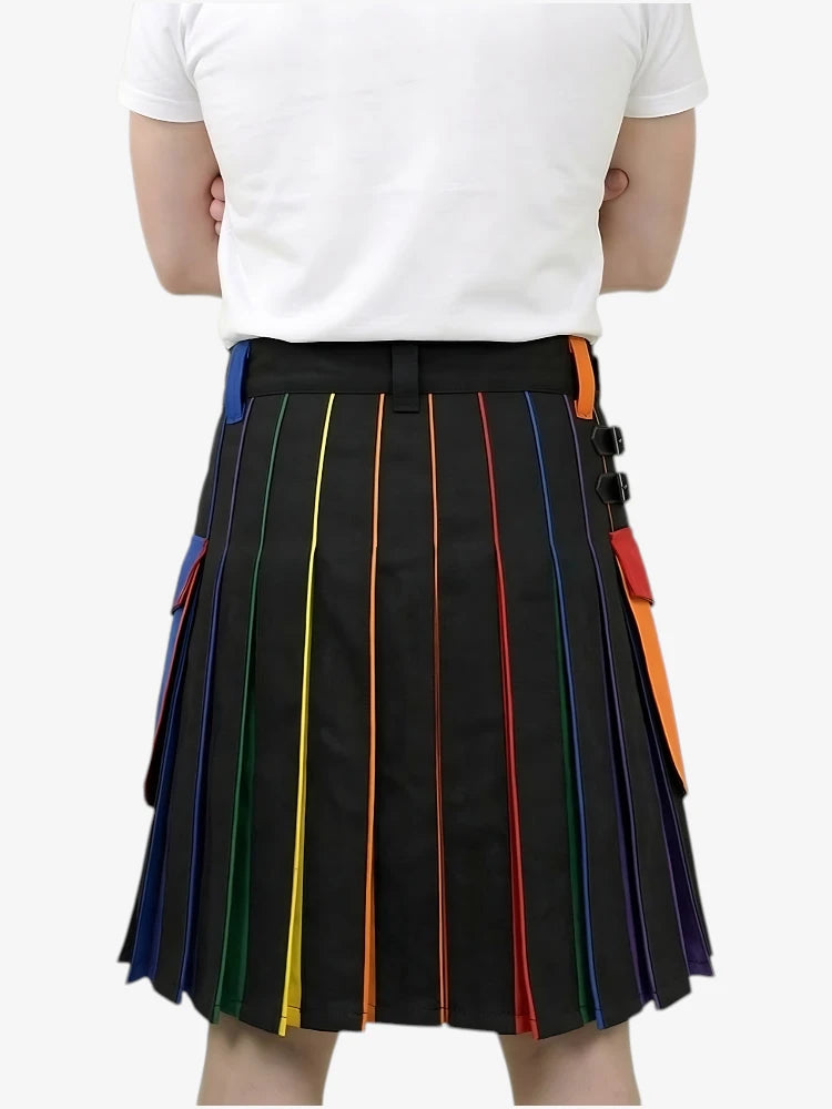 Person wearing a black pleated skirt with colorful stripes on a white background