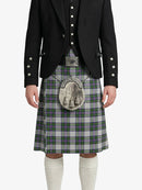 Person wearing a traditional Scottish kilt with a jacket on a white background