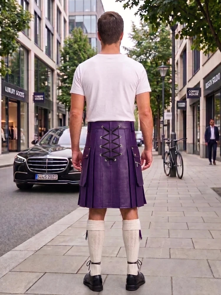 A man viewed from behind wearing a purple leather kilt with lace-up back detailing, a white t-shirt, white knee-high socks, and black shoes, standing on a city sidewalk.