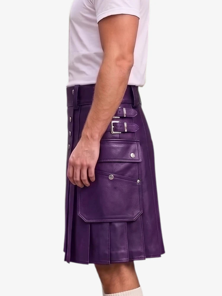 A person wearing a purple leather kilt with multiple front pockets and silver buckle details, paired with a white t-shirt, shown from the side against a light gray background.