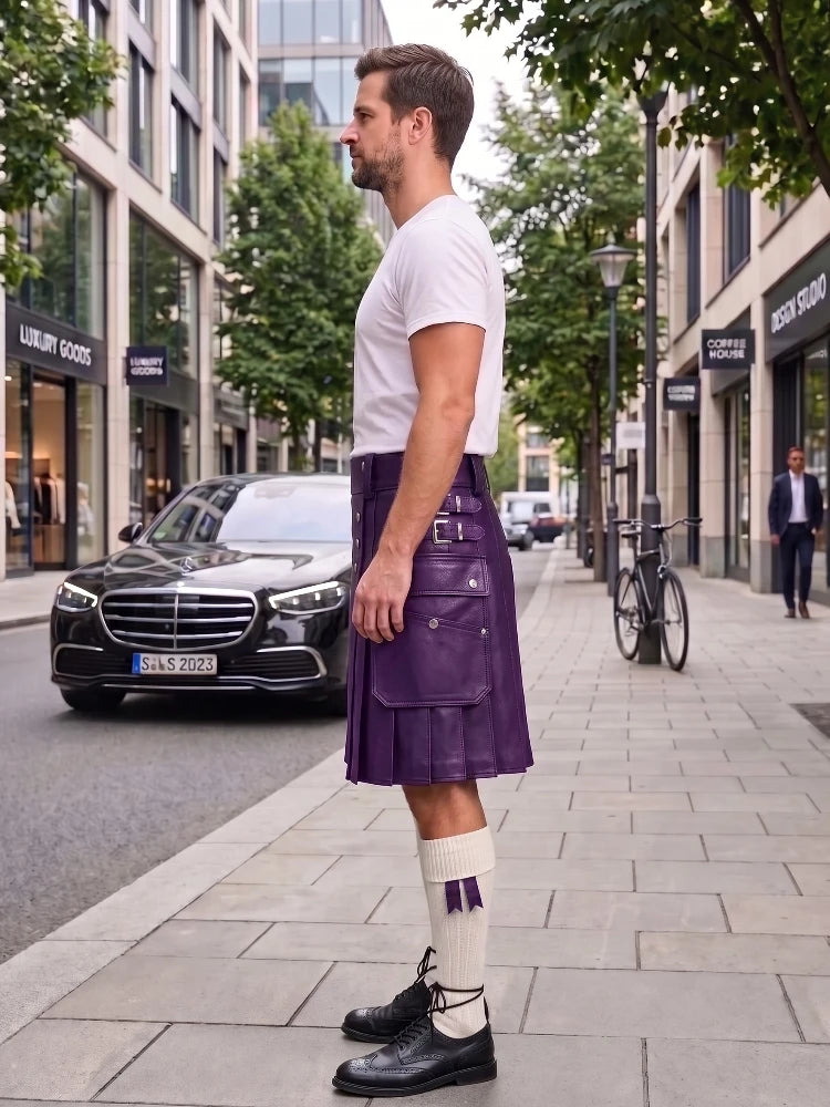 A man standing on a city sidewalk wearing a purple leather kilt, white t-shirt, white socks, and black shoes, with buildings, trees, and parked cars in the background.