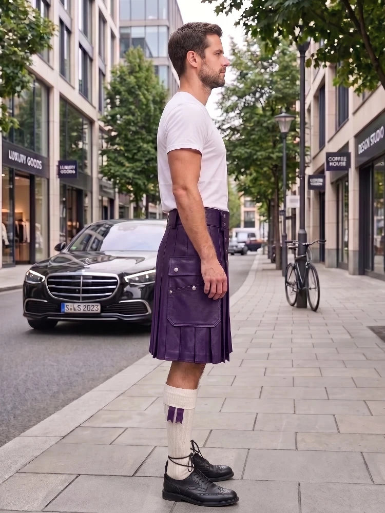 A man standing on a city sidewalk wearing a dark gray pleated kilt, a white t-shirt, white socks, and black leather shoes, with a street scene and parked cars in the background.