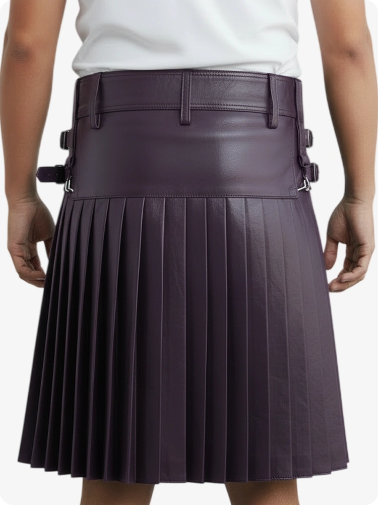 Person wearing a pleated purple skirt with belt and buttons on a white background