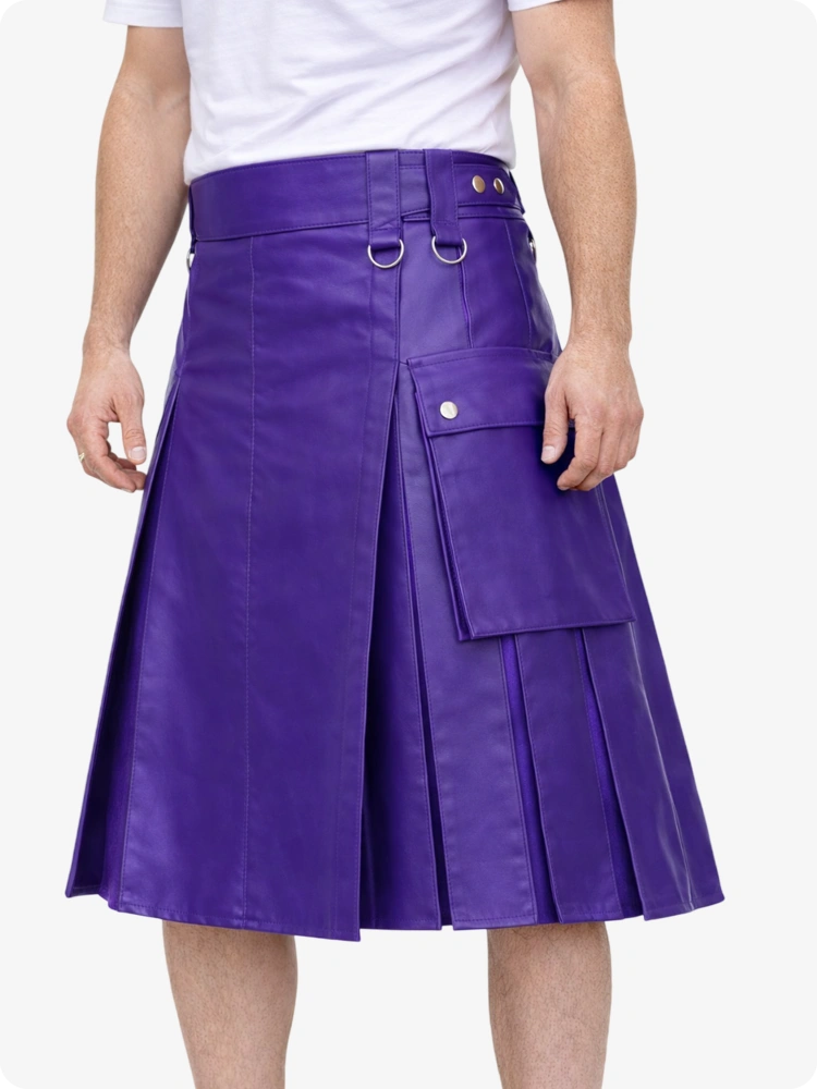 Purple kilt worn by a person on a white background