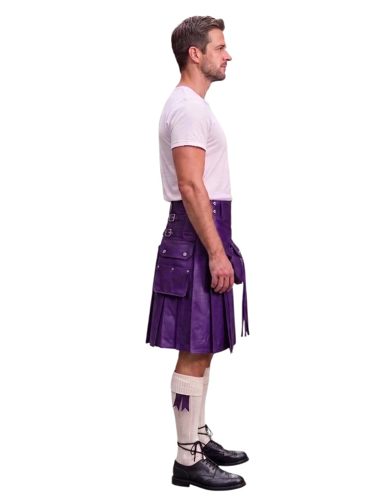 A man shown in profile wearing a purple leather kilt, a white t-shirt, white knee-high socks, and black leather shoes, set against a plain white background.