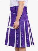 Purple kilt with white accents worn by a person on a white background