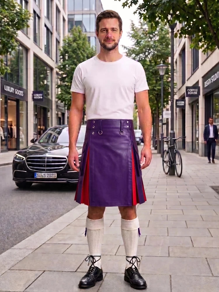 Purple With Red Cowhide Leather Hybrid Utility Kilt