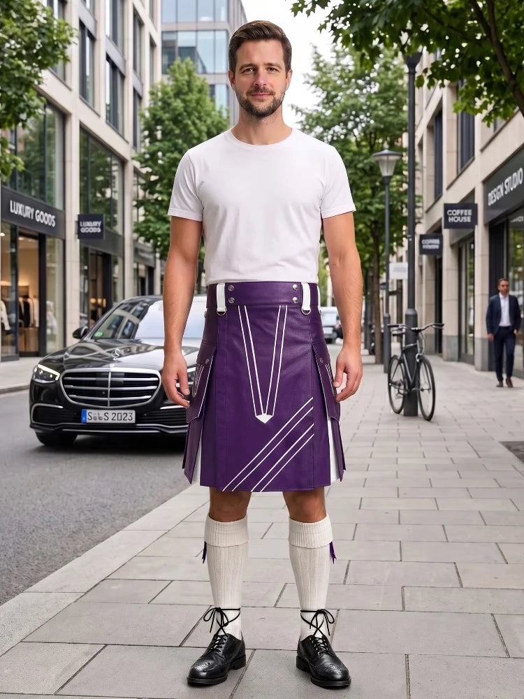 A man stands on a city sidewalk wearing a purple kilt with white geometric line details, a white t-shirt, white knee-high socks, and black shoes. Buildings, trees, and a parked black car are visible in the background.