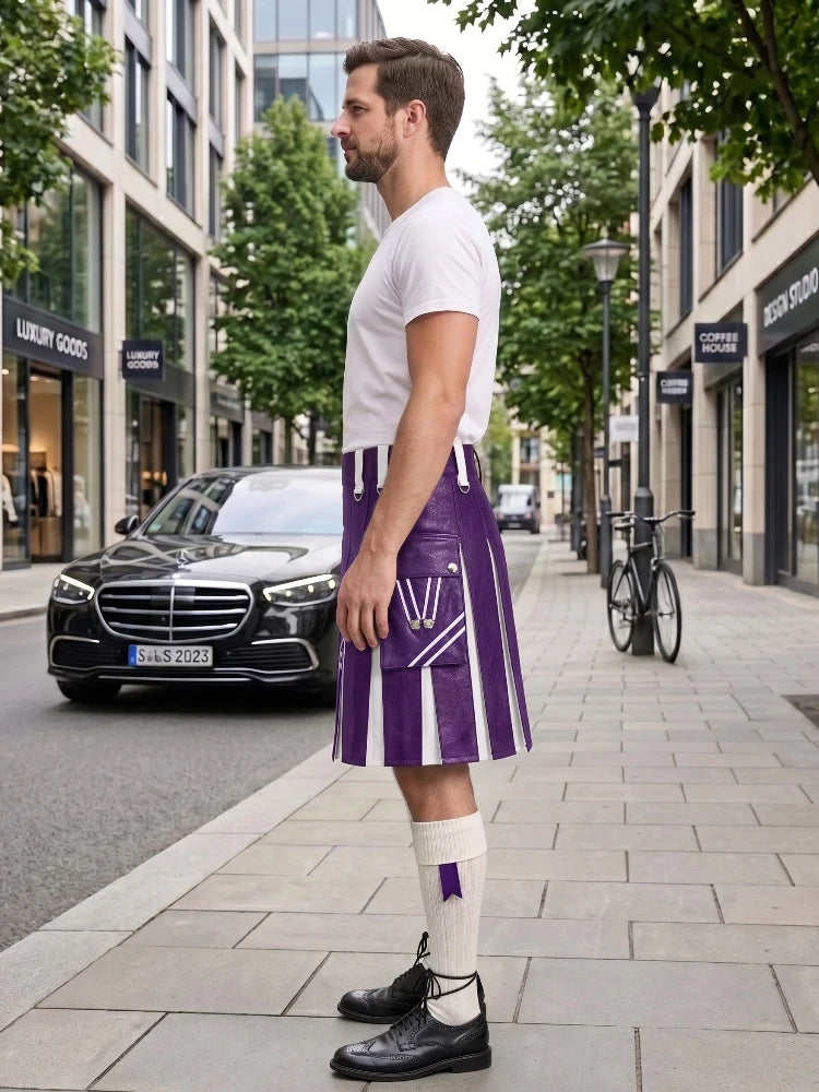 A man standing on a city sidewalk wearing a purple and white pleated kilt, a white t-shirt, white knee-high socks, and black leather shoes. A black Mercedes-Benz car and a bicycle are parked on the street behind him.