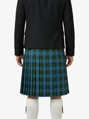 Person wearing a black jacket and blue plaid kilt on a white background
