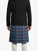 Person wearing a black jacket and blue plaid kilt on a white background