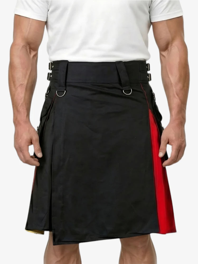 Black kilt with red accents worn by a person on a white background