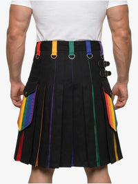 Black kilt with rainbow accents worn by a person on a white background
