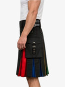 Black kilt with colorful accents worn by a person on a white background