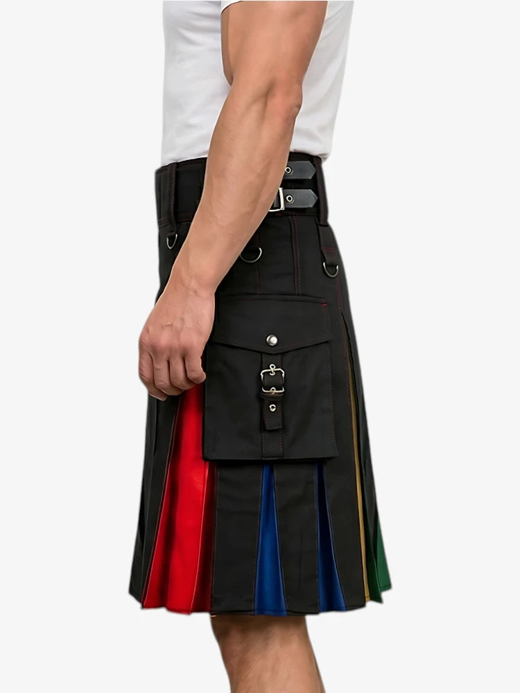 Black kilt with colorful accents worn by a person on a white background