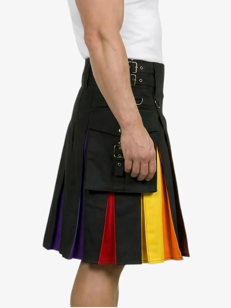 Black kilt with colorful accents worn by a person on a white background