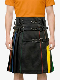 Black kilt with colorful stripes worn by a person in an orange shirt on a white background