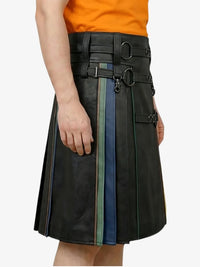 Black leather skirt with colorful accents worn by a person on a white background