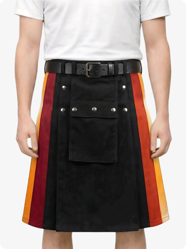Person wearing a black kilt with red and orange stripes on a white background
