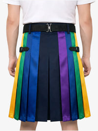 Person wearing a colorful striped skirt with a white top on a plain background