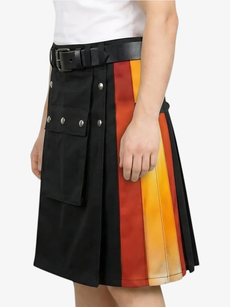 Black and multicolored striped kilt with a belt on a white background