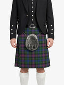 Person wearing a black jacket, tartan kilt, and white socks on a white background