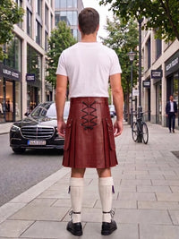 A man viewed from behind wearing a reddish-brown leather kilt with black lace-up detailing, a white t-shirt, white knee-high socks, and black shoes, standing on a city sidewalk.