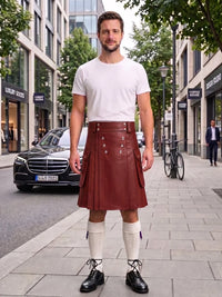 A man stands on a city sidewalk wearing a brown leather kilt, a white t-shirt, white knee-high socks, and black leather shoes. The background shows a blurred street scene with buildings, trees, a parked black car, and a bicycle.
