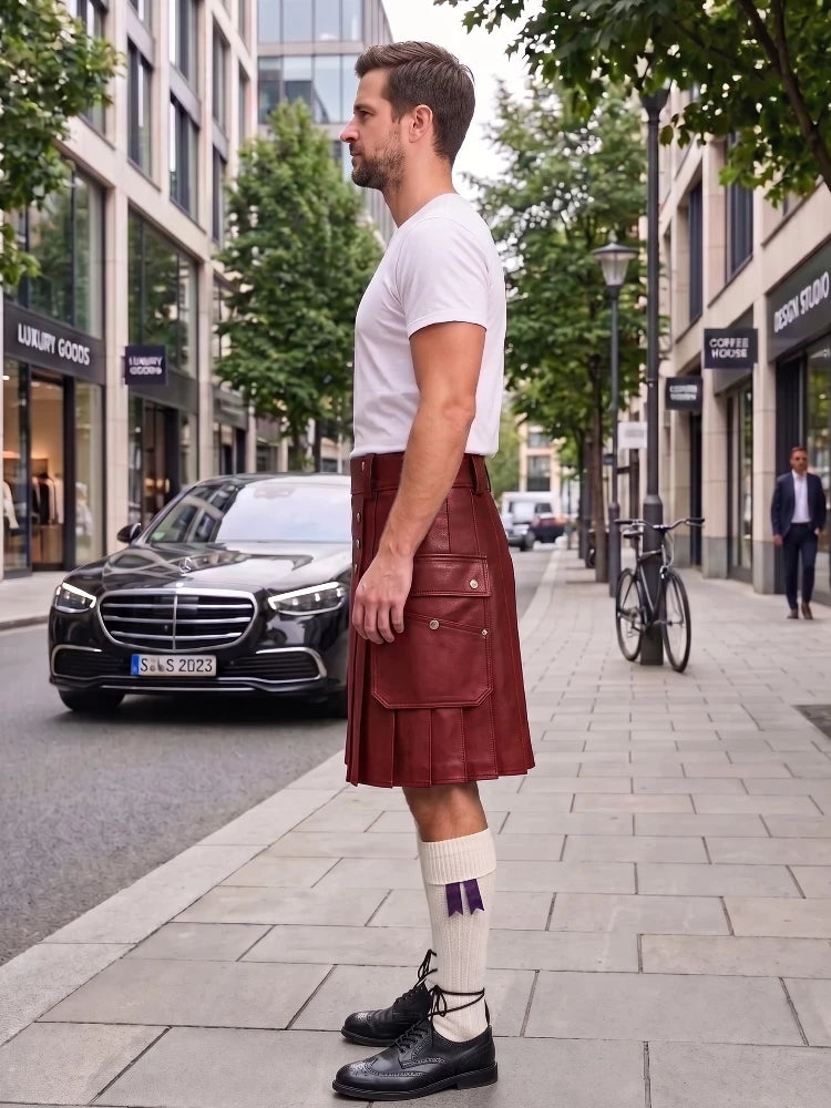 A man standing on a city sidewalk wearing a dark red leather kilt, a white t-shirt, white socks, and black shoes, with a street scene in the background.