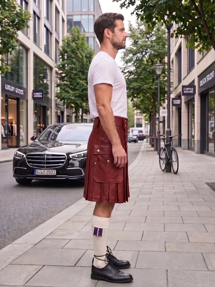 A man standing on a city sidewalk wearing a white t-shirt, a reddish-brown leather kilt, white socks with purple stripes, and black leather shoes. A black Mercedes-Benz car is parked on the street behind him, with trees and storefronts in the background.