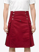 Red skirt with button details worn by a person on a white background