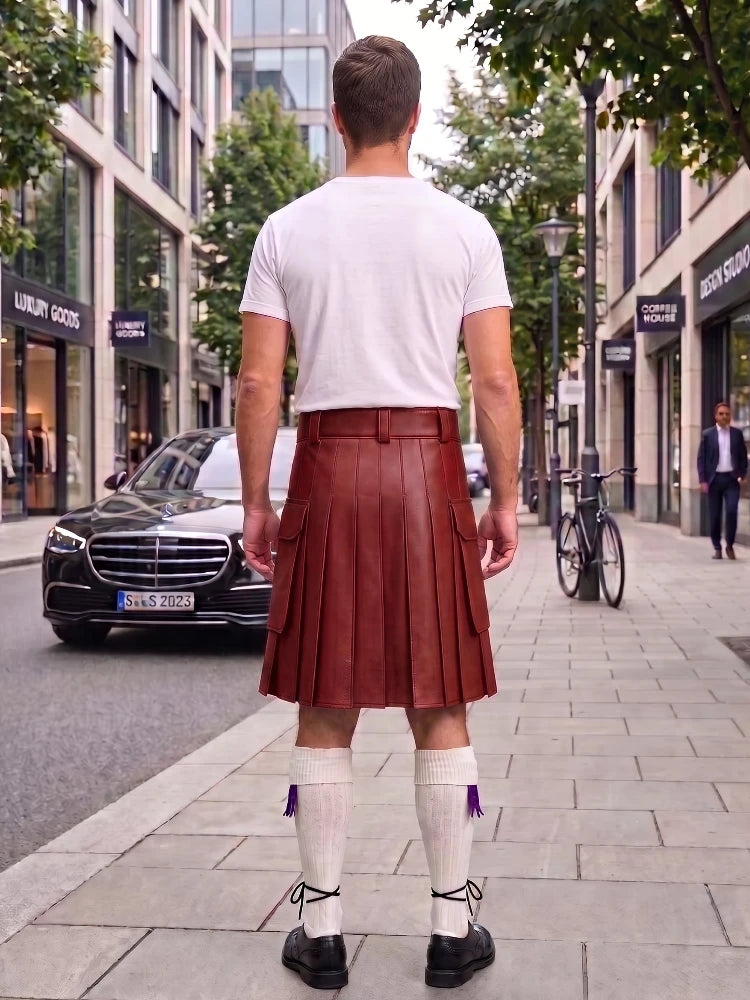 Red Leather Kilt For Men Tactical Utility Kilts