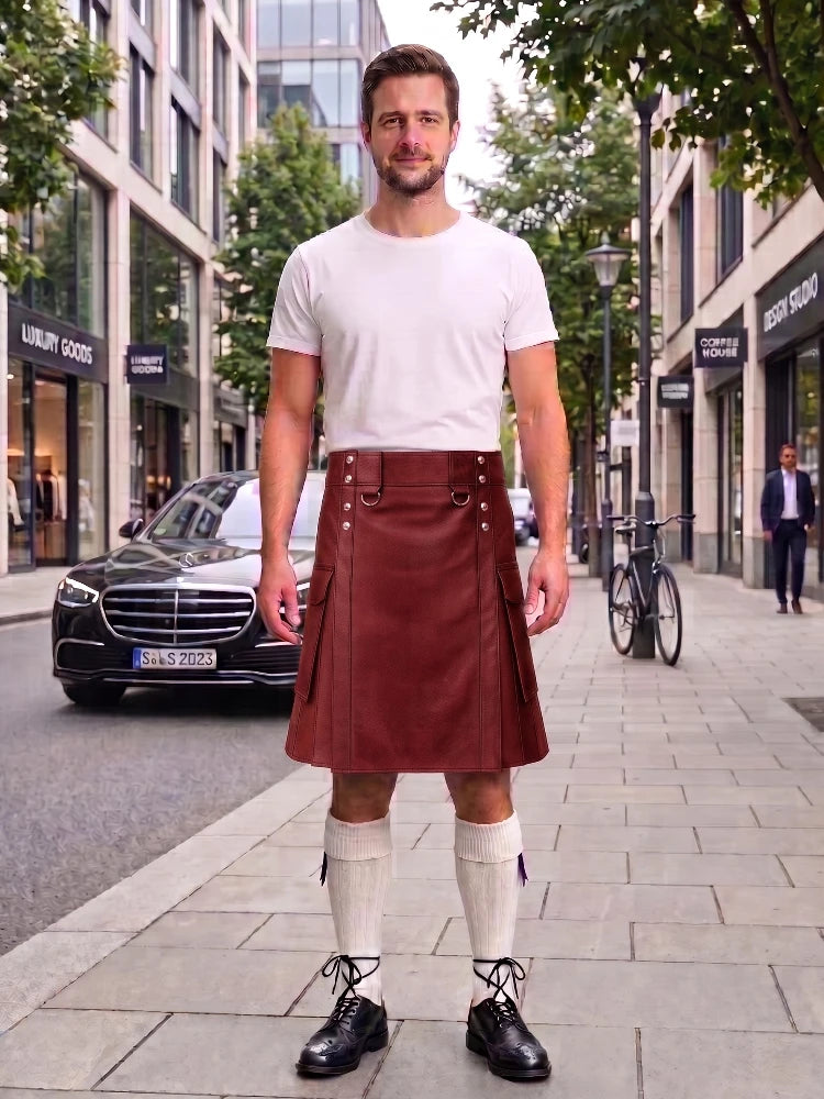 Red Leather Kilt For Men Tactical Utility Kilts