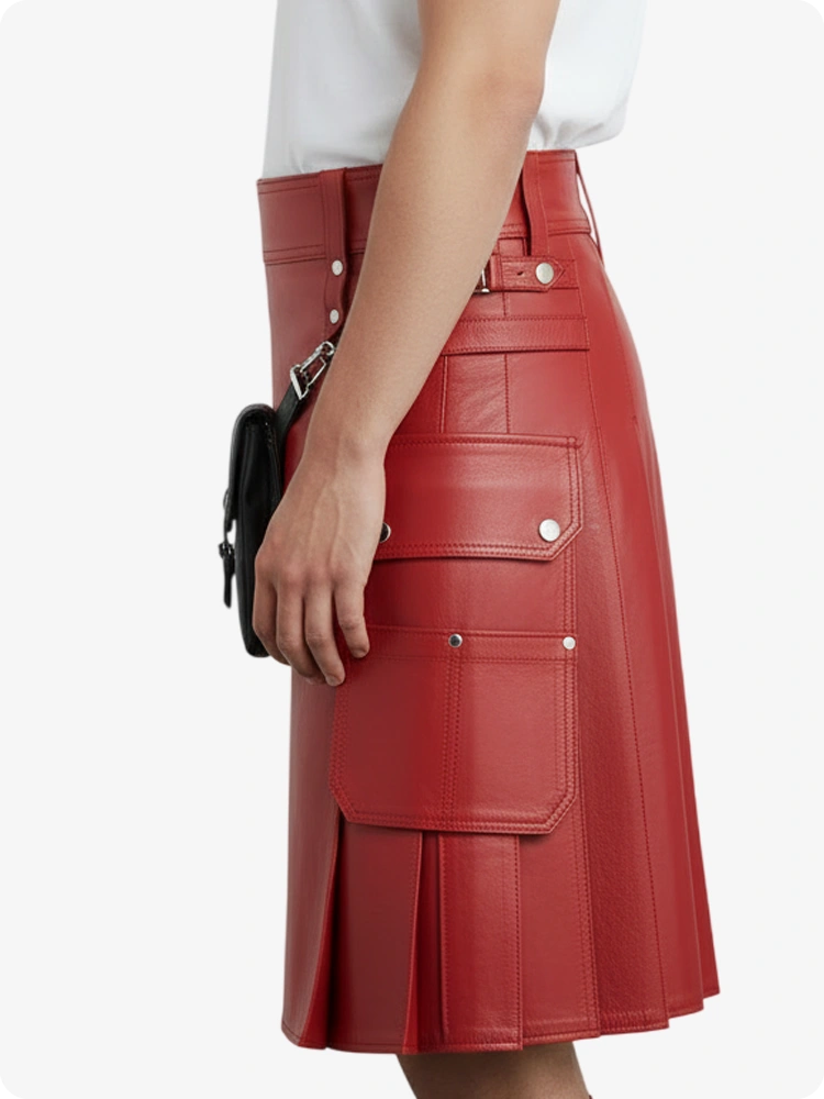 Red leather skirt worn by a person on a white background