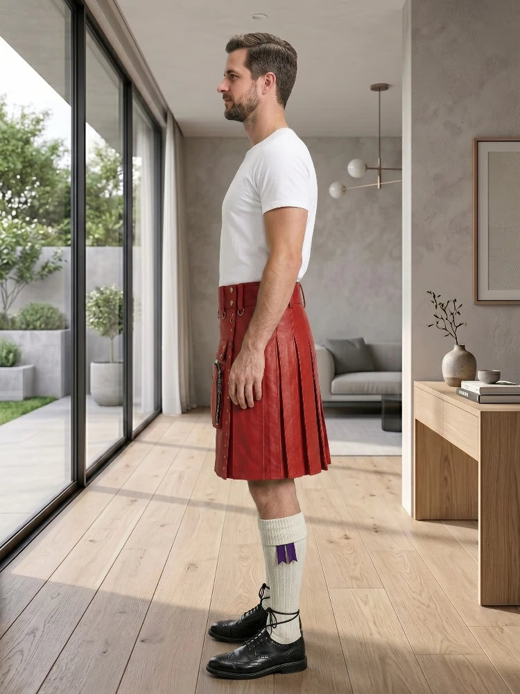 Red Leather Utility Kilt Left Side
