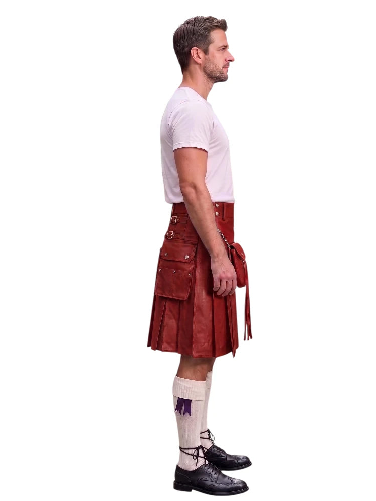A man shown in profile wearing a red leather kilt, a white t-shirt, white knee-high socks, and black leather shoes, against a plain white background.
