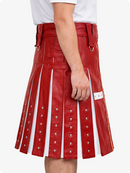 Red leather kilt with white accents on a white background
