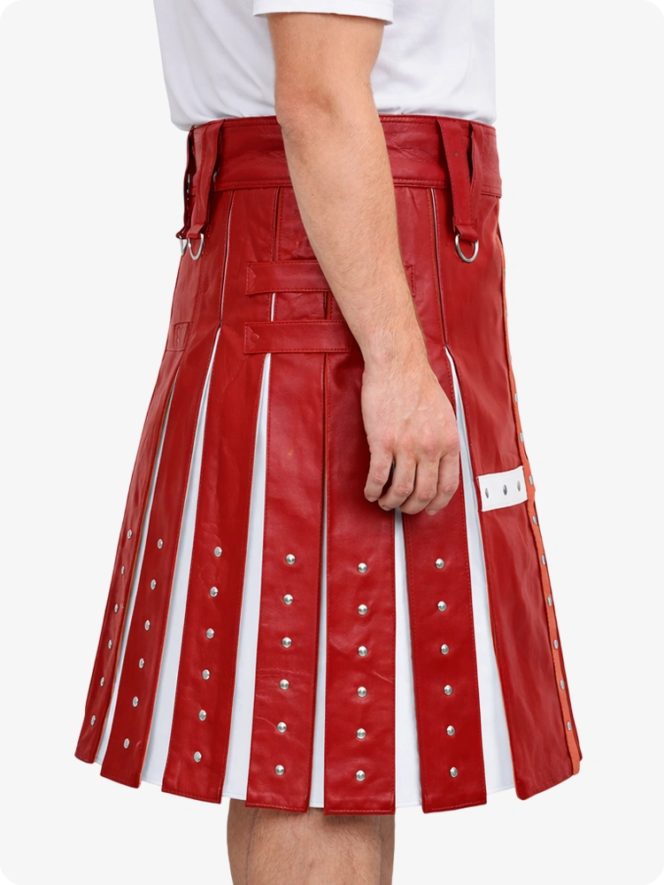 Red leather kilt with white accents on a white background