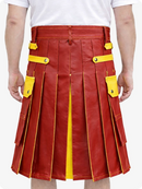 Red Leather Utility Kilt with Yellow Accents & Detachable Pockets
