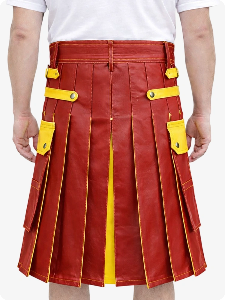 Red Leather Utility Kilt with Yellow Accents & Detachable Pockets