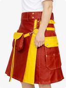 Red Leather Utility Kilt with Yellow Accents & Detachable Pockets