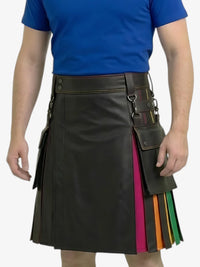 Person wearing a black kilt with colorful accents on a white background
